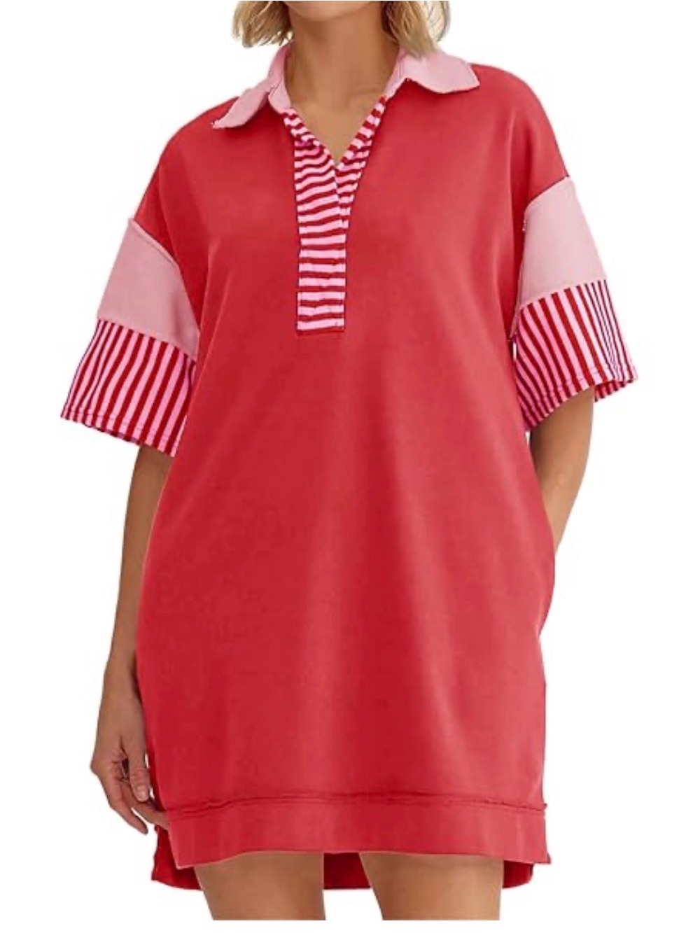 RED AND PINK Striped Polo Tunic Dress with POCKETS FREE PEOPLE INSPIRED